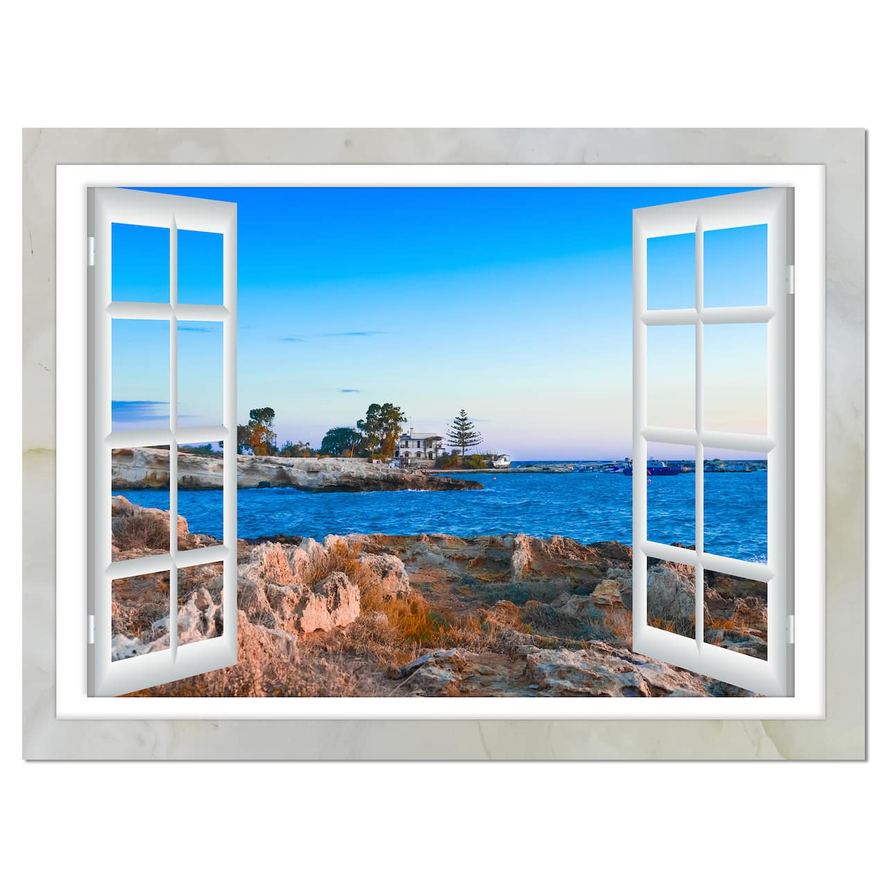 Designart - Open Window to Blue Seashore - Oversized Landscape Wall Art Print